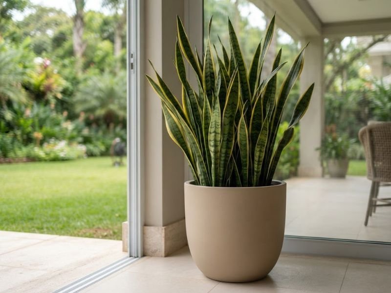 Espada de Santa Bárbara adulta em vaso bege próximo à porta de vidro, com folhas altas, verdes e margens amarelas.
