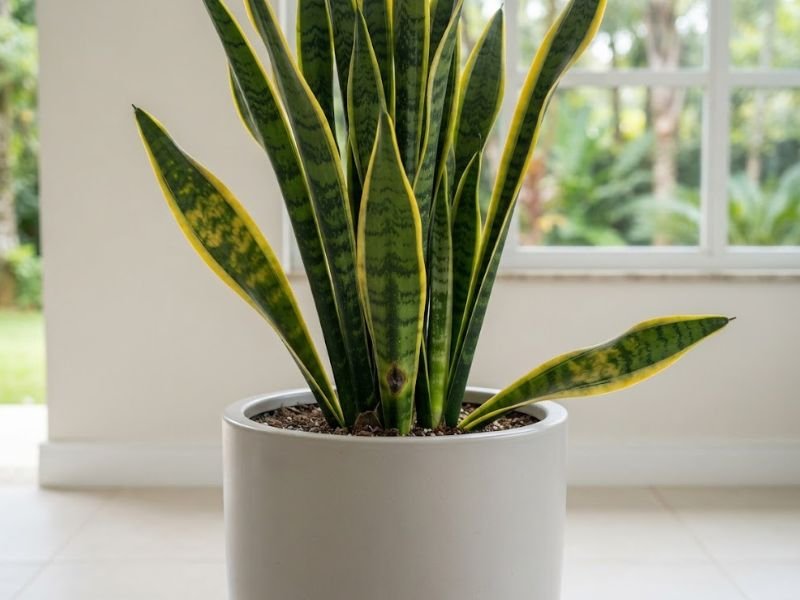 Espada de Santa Bárbara em vaso com folhas apresentando amarelecimento irregular e uma mancha escura próxima à base.
