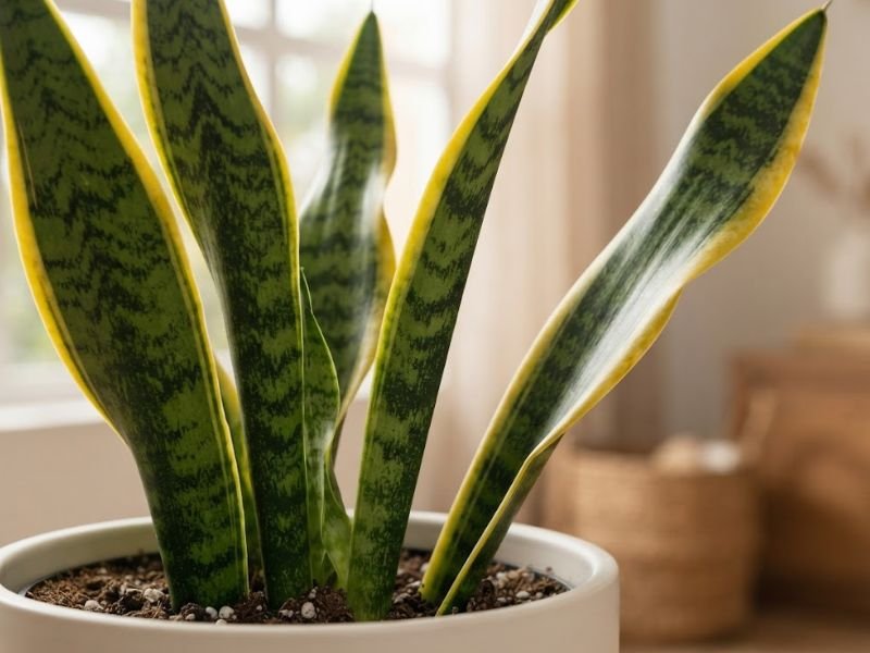Detalhe de folhas de espada de Santa Bárbara com faixas verdes e bordas amarelas, em vaso claro próximo à janela.