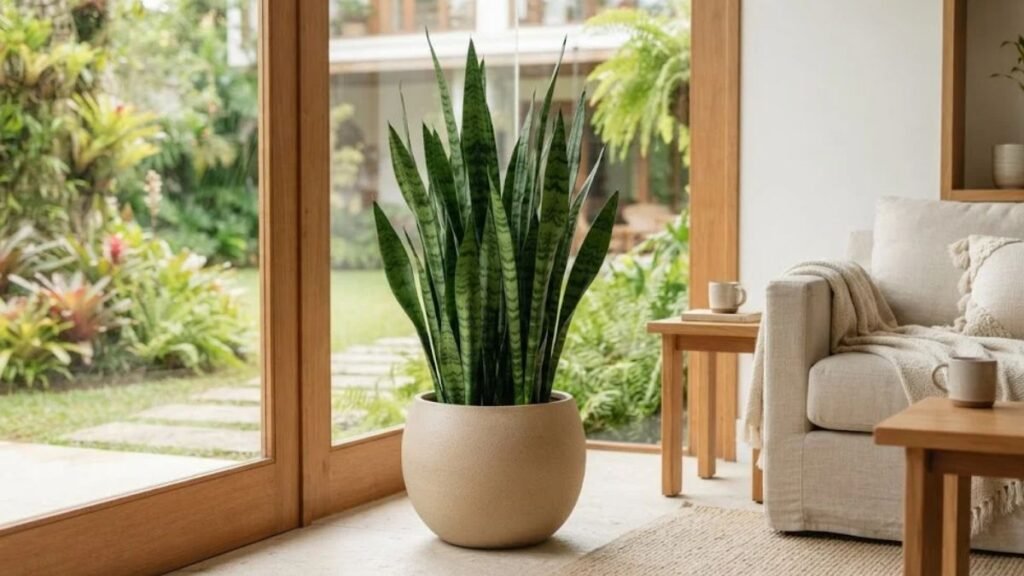 Espada de São Jorge verde com folhas longas e listradas, cultivada em vaso bege próximo à porta de vidro de uma sala com vista para o jardim.