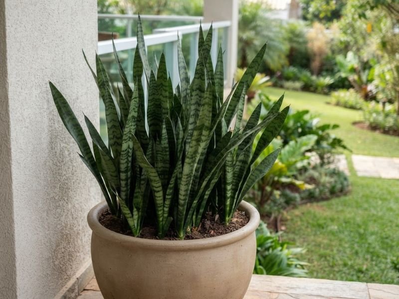 Touceira de espada de São Jorge verde em vaso de cerâmica, com folhas altas, pontiagudas e faixas horizontais em tons de verde.