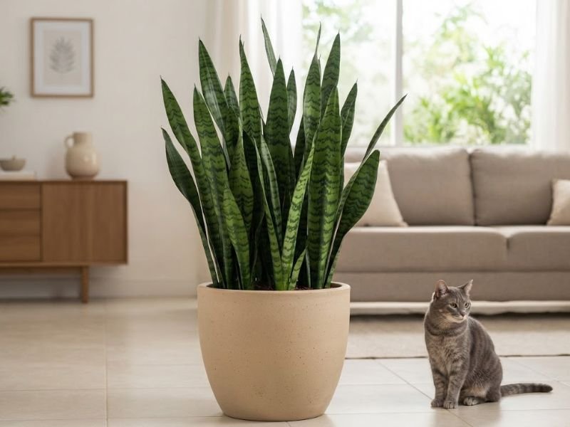 Espada de São Jorge verde cultivada em vaso de cerâmica dentro de uma sala, com um gato doméstico sentado ao lado.