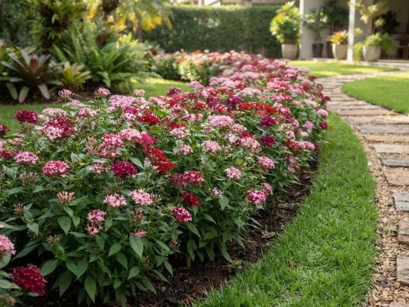 Estrela do Egito em maciço de flores rosas e vermelhas no canteiro