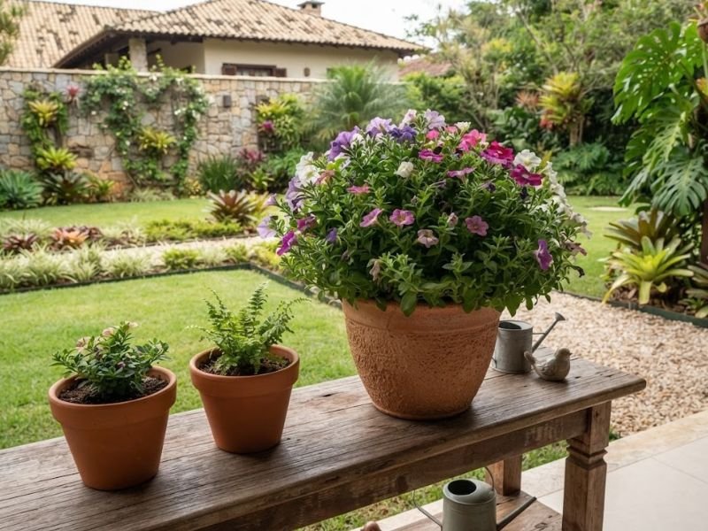 Vaso grande muito preenchido contrastando com vasos menores com plantas jovens
