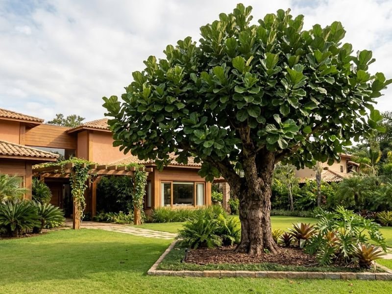 Árvore adulta de Ficus lyrata com tronco robusto e copa ramificada, plantada em canteiro curvo de jardim residencial.
