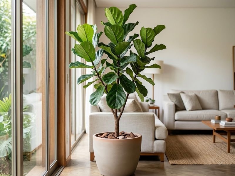 Ficus lyrata com tronco ramificado e folhas grandes em formato de violino, cultivado em vaso próximo à janela de uma sala.
