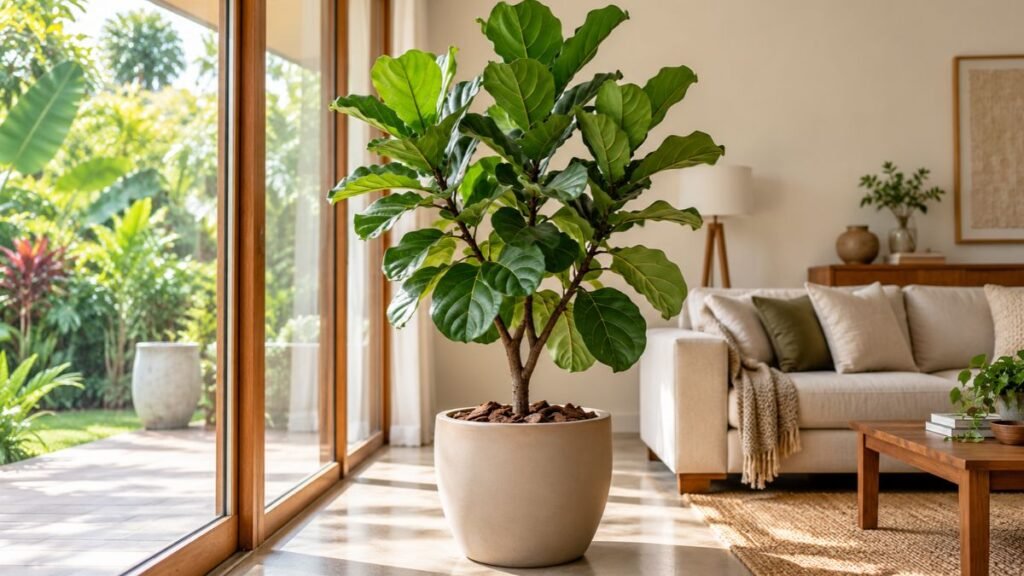 Ficus lyrata com folhas grandes em formato de violino, cultivado em vaso bege próximo à janela de uma sala com vista para o jardim.