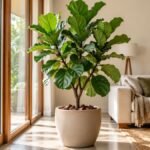 Ficus lyrata com folhas grandes em formato de violino, cultivado em vaso bege próximo à janela de uma sala com vista para o jardim.