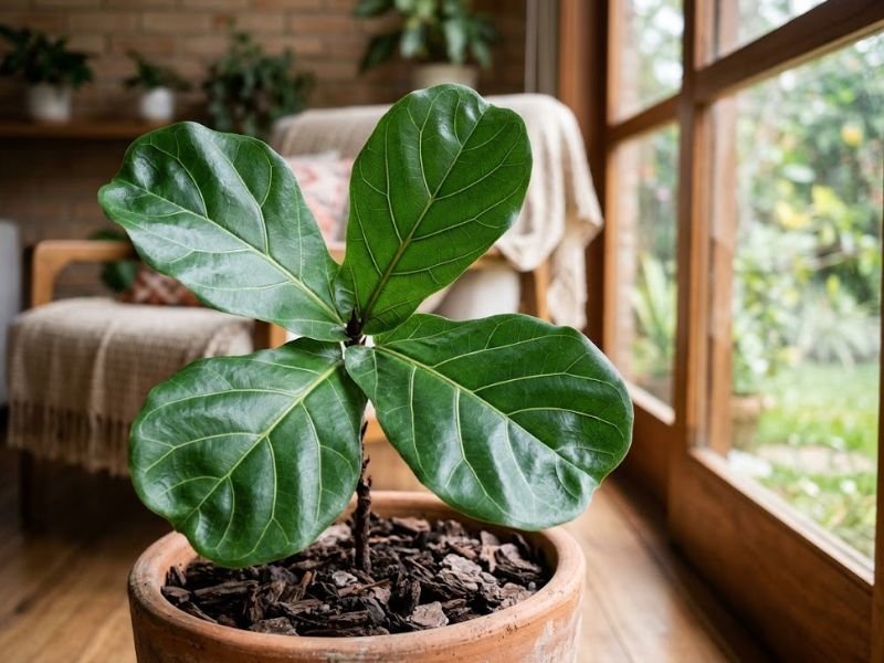 Detalhe de folhas grandes de Ficus lyrata com nervuras visíveis, em vaso com casca de pinus próximo à janela.