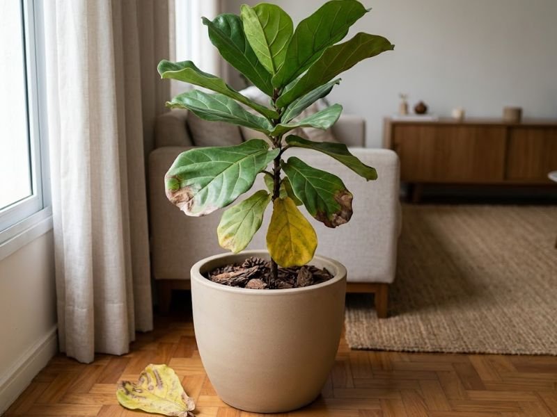 Ficus lyrata em vaso com folhas amareladas, manchas marrons nas bordas e uma folha caída no piso.