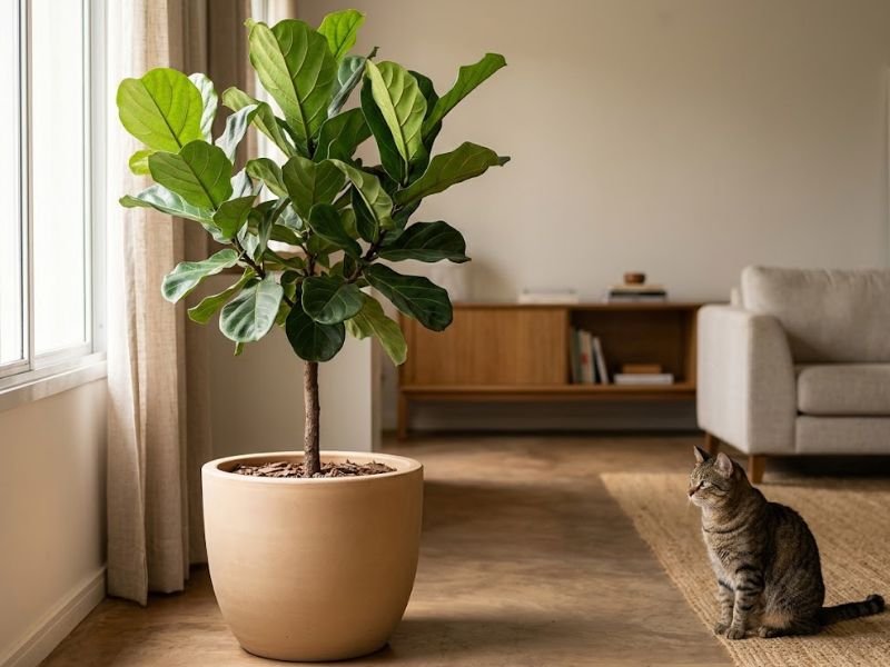 Ficus lyrata cultivado em vaso dentro de uma sala, com gato doméstico sentado próximo à planta.