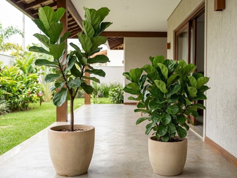 Ficus lyrata tradicional mais alto ao lado do cultivar Bambino, compacto e com folhagem mais densa, em varanda residencial.