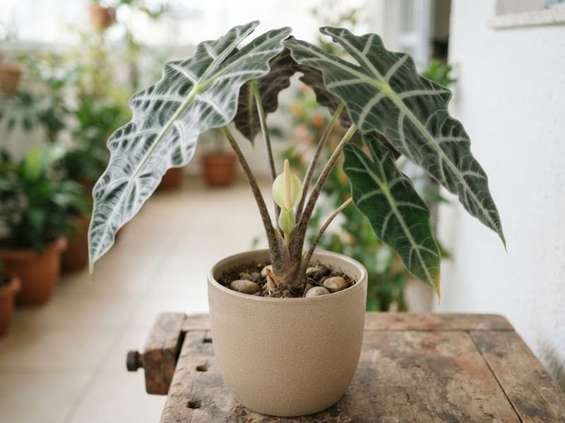 Alocasia amazônica em vaso com pequena inflorescência clara surgindo entre os pecíolos e folhas verde-escuras.