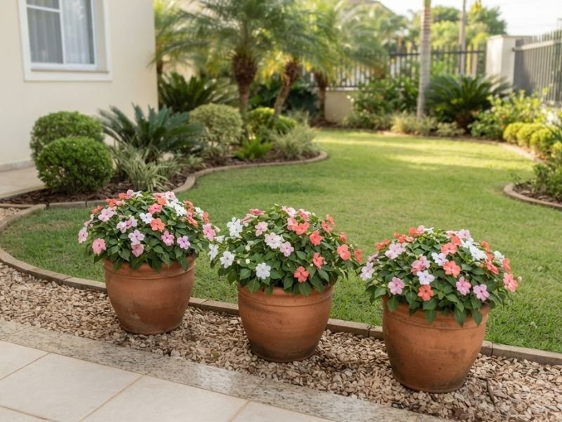 Flor beijinho em tons de rosa, branco e salmão cultivada em três vasos no jardim

