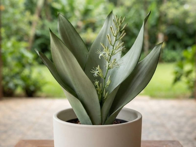 Sansevieria Moonshine em floração, com haste fina de pequenas flores branco-esverdeadas entre folhas prateadas.