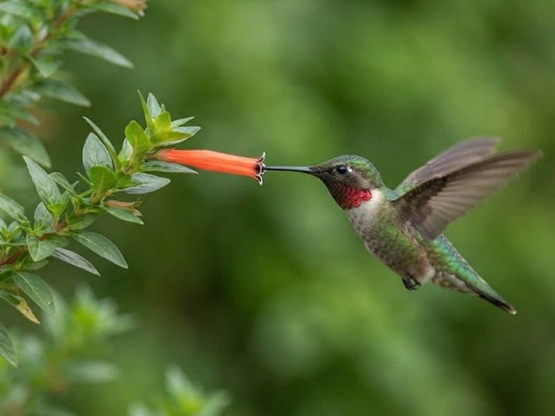 Beija-flor pairando com o bico na abertura de uma flor tubular alaranjada de Cuphea ignea.