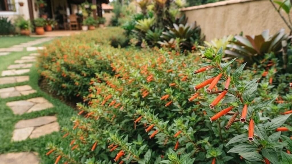 Flor de Santo Antônio em canteiro curvo junto ao muro, com flores alaranjadas e caminho de pedras à esquerda.