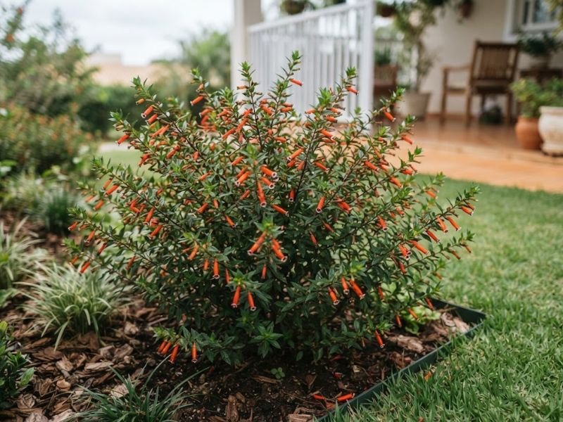 Arbusto de Cuphea ignea com flores tubulares alaranjadas em canteiro próximo à varanda.