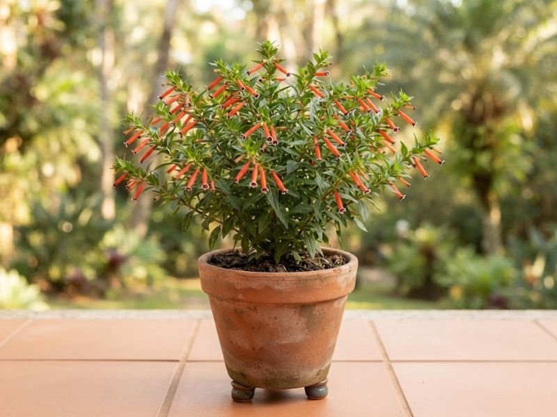 Flor de Santo Antônio florida em vaso de terracota elevado sobre pequenos apoios na varanda.