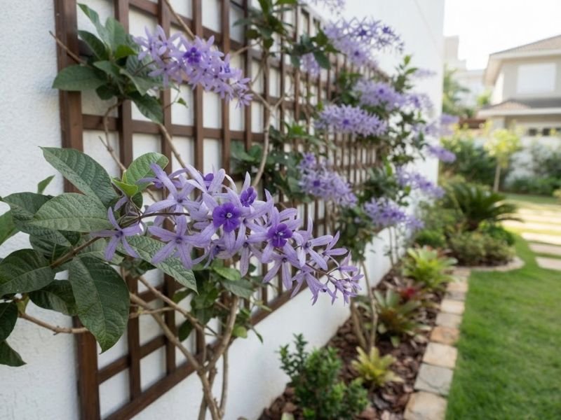 Cachos violetas da flor de São Miguel com cálices estrelados diante de uma treliça de madeira.