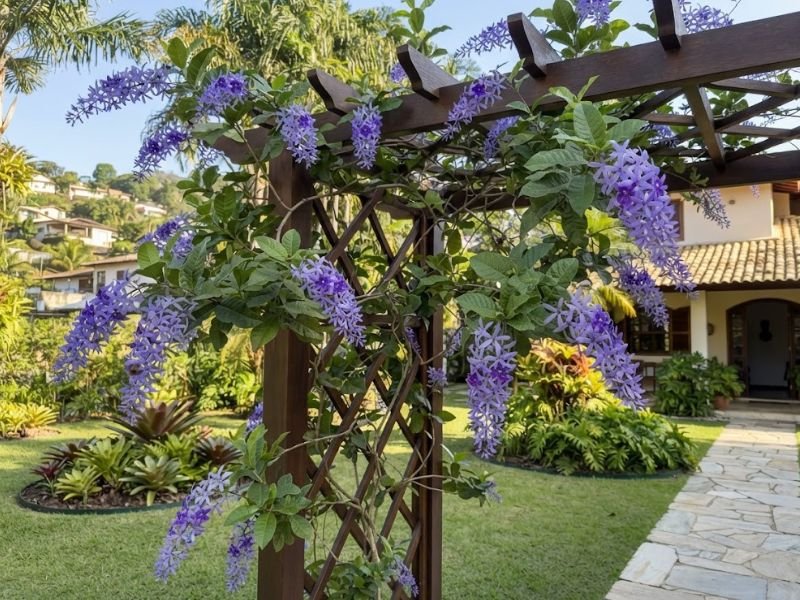Flor-de-São-Miguel com cachos violetas cobrindo parcialmente pergolado