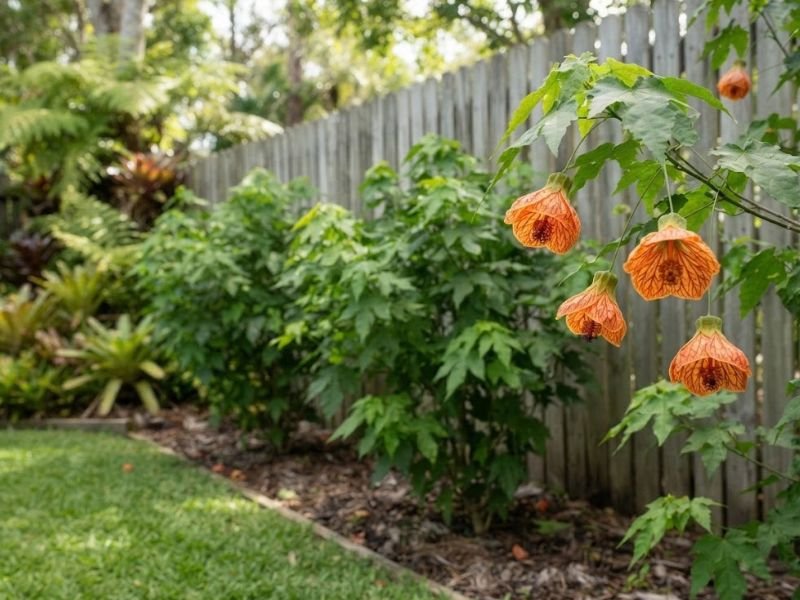 Flor de sino Abutilon pictum com flores alaranjadas pendentes, nervuras avermelhadas e folhas verdes lobadas.