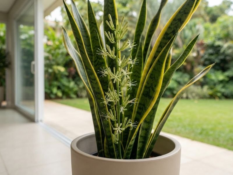 Flor da espada de Santa Bárbara em haste com pequenas flores branco-esverdeadas, entre folhas verdes de margens amarelas.