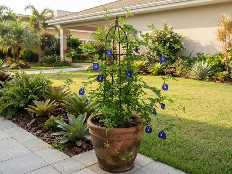 Flor fada azul cultivada em vaso e conduzida em treliça