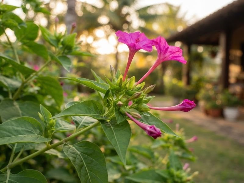 Ramo de flor maravilha com flores magenta abertas e botões fechados sob a luz do fim da tarde.