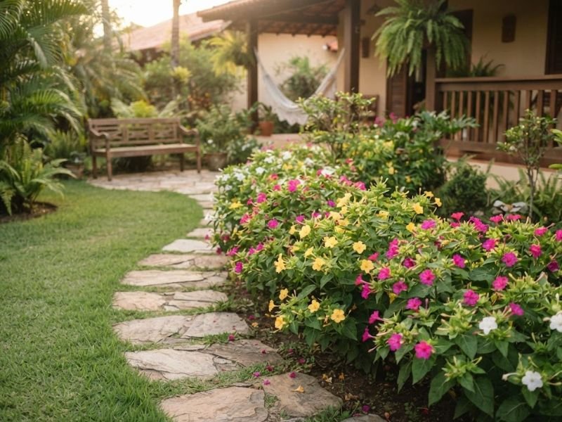 Canteiro de flor maravilha com flores rosas, amarelas e brancas acompanhando um caminho de pedras.
