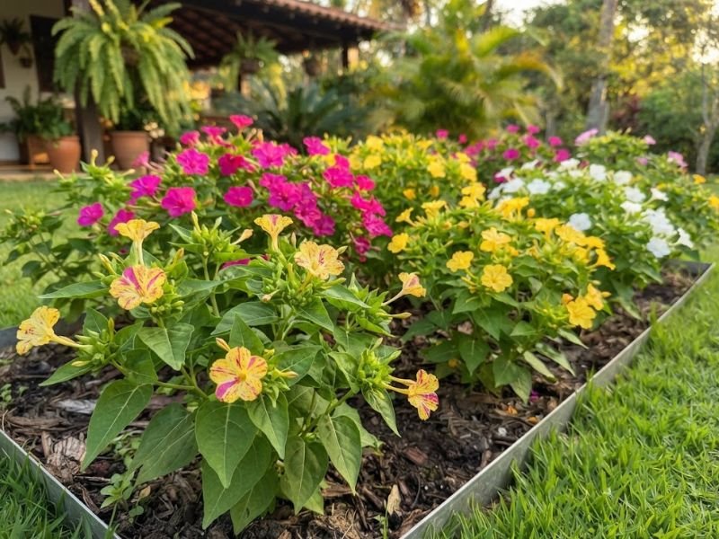 Canteiro de flor maravilha com flores magenta, amarelas, brancas e amarelas mescladas de rosa.