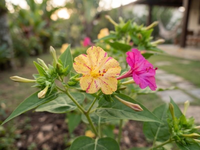 Flor maravilha amarela com manchas magenta ao lado de uma flor magenta e botões fechados.