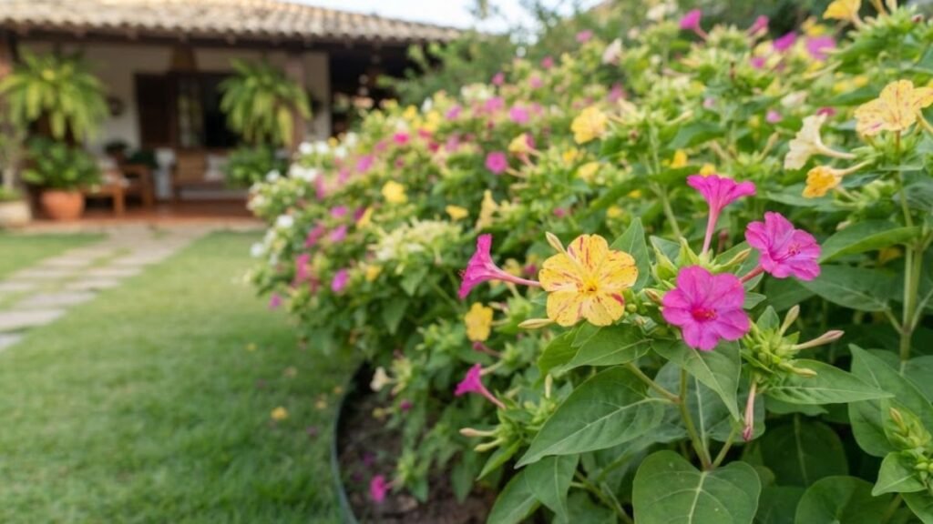 Flor maravilha com flores magenta e amarela mesclada em canteiro curvo de jardim residencial.