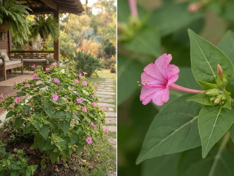 Flor-maravilha rosa em canteiro junto à varanda e detalhe da flor tubular com folhas verdes.