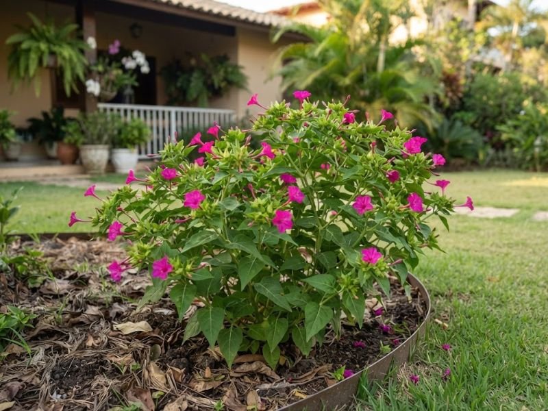 Moita de flor maravilha com folhas verdes, botões alongados e flores magenta em um canteiro.