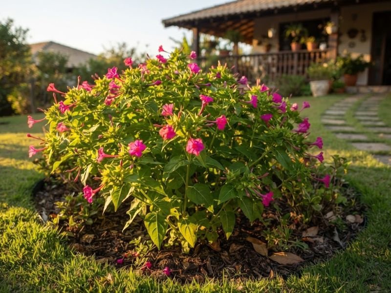 Flor maravilha com flores magenta recebendo sol em um canteiro cercado por gramado.