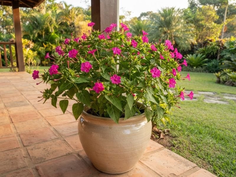 Flor maravilha com flores magenta em vaso grande de cerâmica clara na varanda.