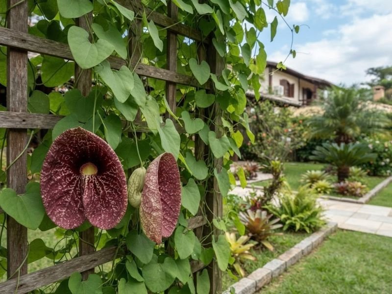 Flor papo de peru com flores vinho rajadas em treliça de madeira