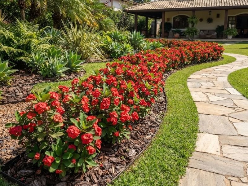 Bordadura de coroa de cristo vermelha com floração abundante no jardim