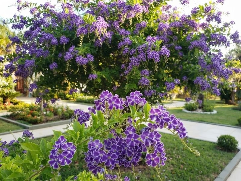 Duranta erecta adulta coberta por cachos de flores violetas