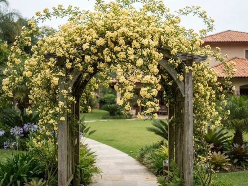 Rosa banksiae em plena floração cobrindo arco de jardim