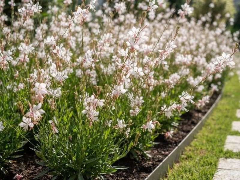 Flores brancas e rosa-claro distribuídas sobre hastes finas de gaura em um canteiro durante a floração.