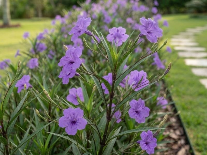 Flores violetas de petúnia mexicana abertas entre folhas estreitas, com botões florais em diferentes estágios.