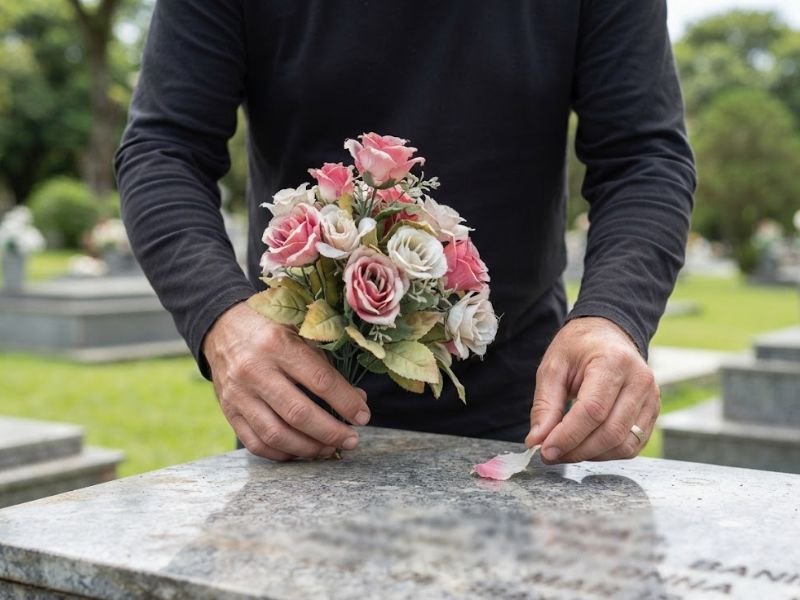 Pessoa segurando rosas artificiais desbotadas enquanto recolhe uma pétala sobre a sepultura.
