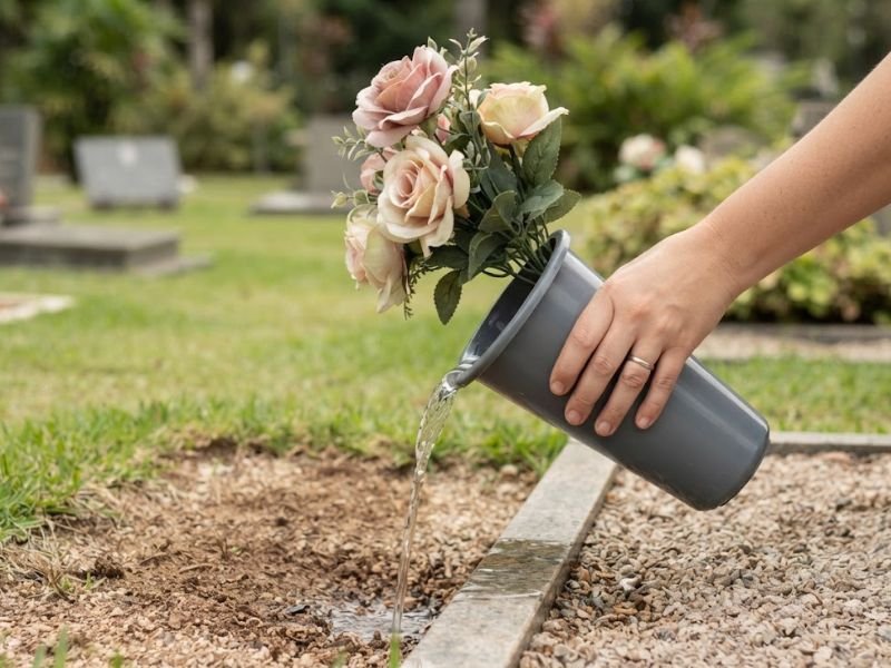 Mão inclina um recipiente com rosas artificiais para despejar a água acumulada.