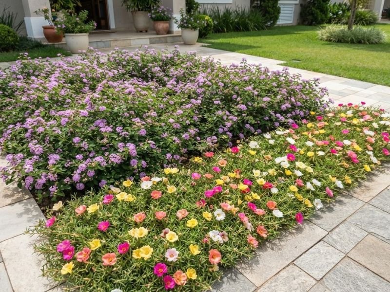 Lantana rasteira e flor onze horas usadas em bordas e cobertura de canteiro