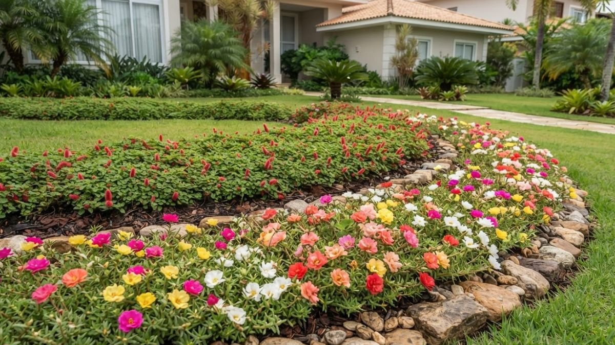 Flores baixas para canteiros com rabo de gato rasteiro e onze horas coloridas em jardim residencial