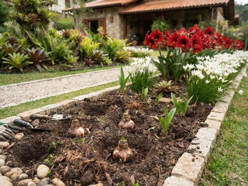 Bulbos em canteiro com brotações e flores ao fundo