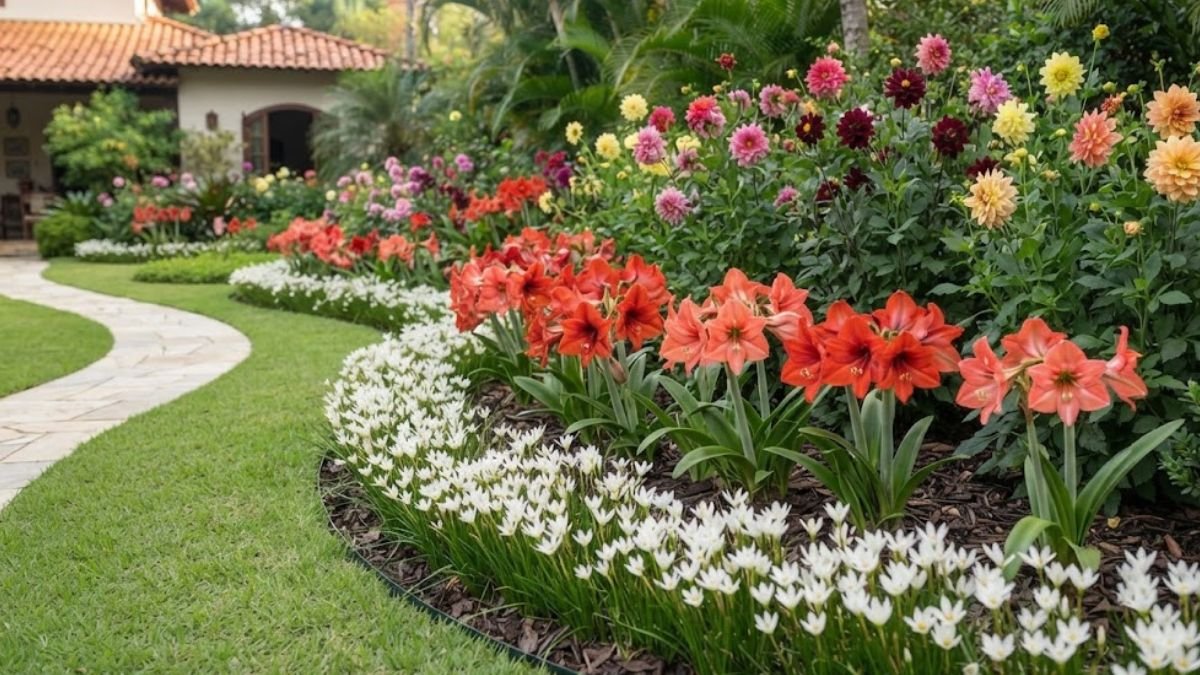 Flores bulbosas para canteiros com lírio do vento, amarílis e dálias em jardim