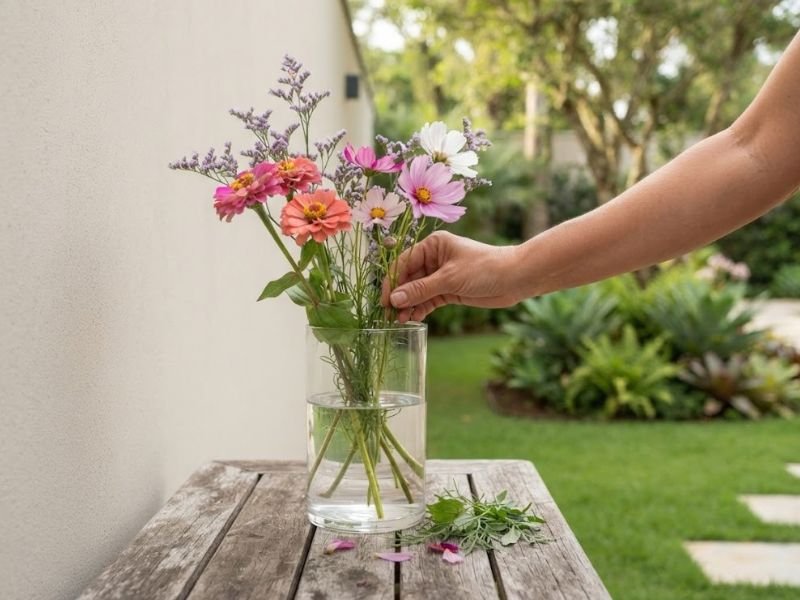 Zínias cosmos e statice recém-colhidas colocadas em vaso com água